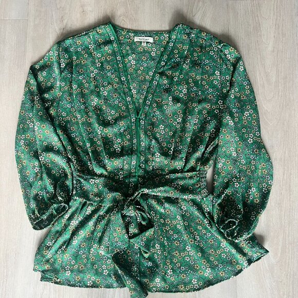 Max Studio Green Floral Crepe Tie Front Floral V-Neck Blouse Size L Classic 90s - Picture 3 of 7